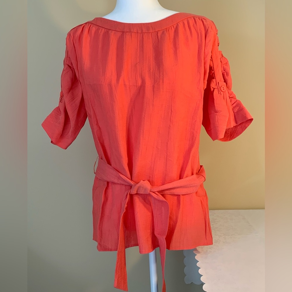 EUC Top: Pullover, Ruched Sleeves, Gauzy, Belted, Coral, Vintage Due Per Due